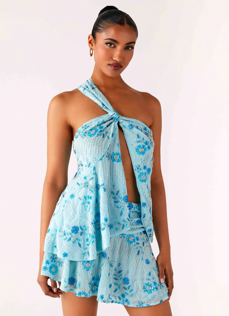 Délicieux Top Asymétrique à Perles – Bleu Délicieux Top Asymétrique à Perles - Bleu