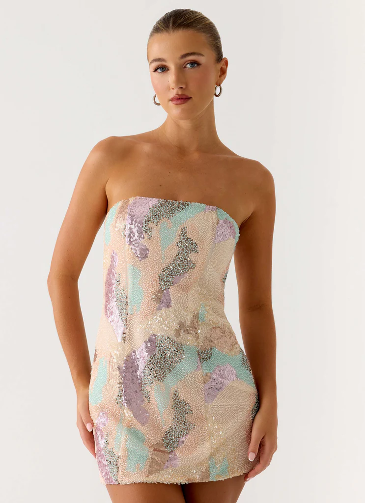 Robe Mini Sans bretelles à Perles Leena - Paillettes en Tourbillon