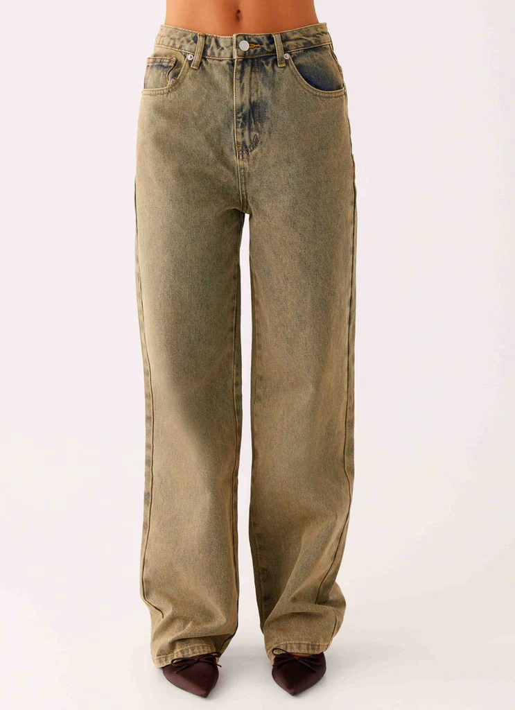 Jean denim droit à retour - Lavage sable brun