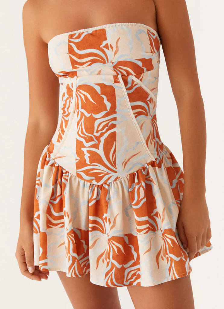 Robe Mini en Lin Larnie - Fleurs Orange Bleu