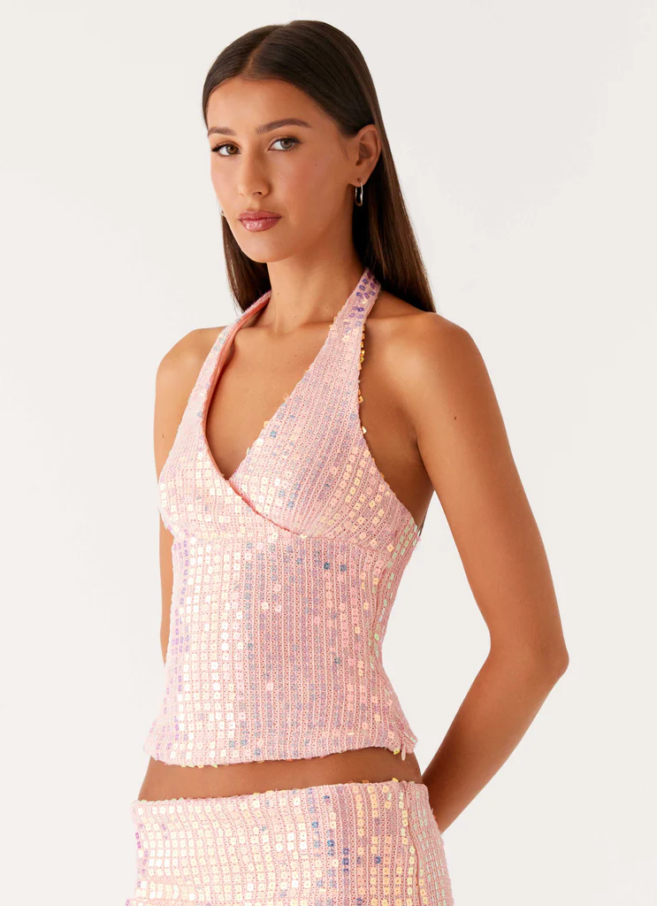 Top en maille strass à bretelles V Been That Girl - Rose iridescent