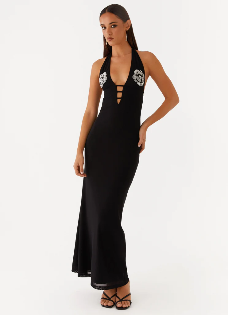 Robe maxi à col en V à brides et perles Polina - Noir