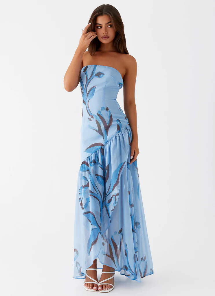 Robe Maxi Sans bretelles Solaris - Fleurs bleues