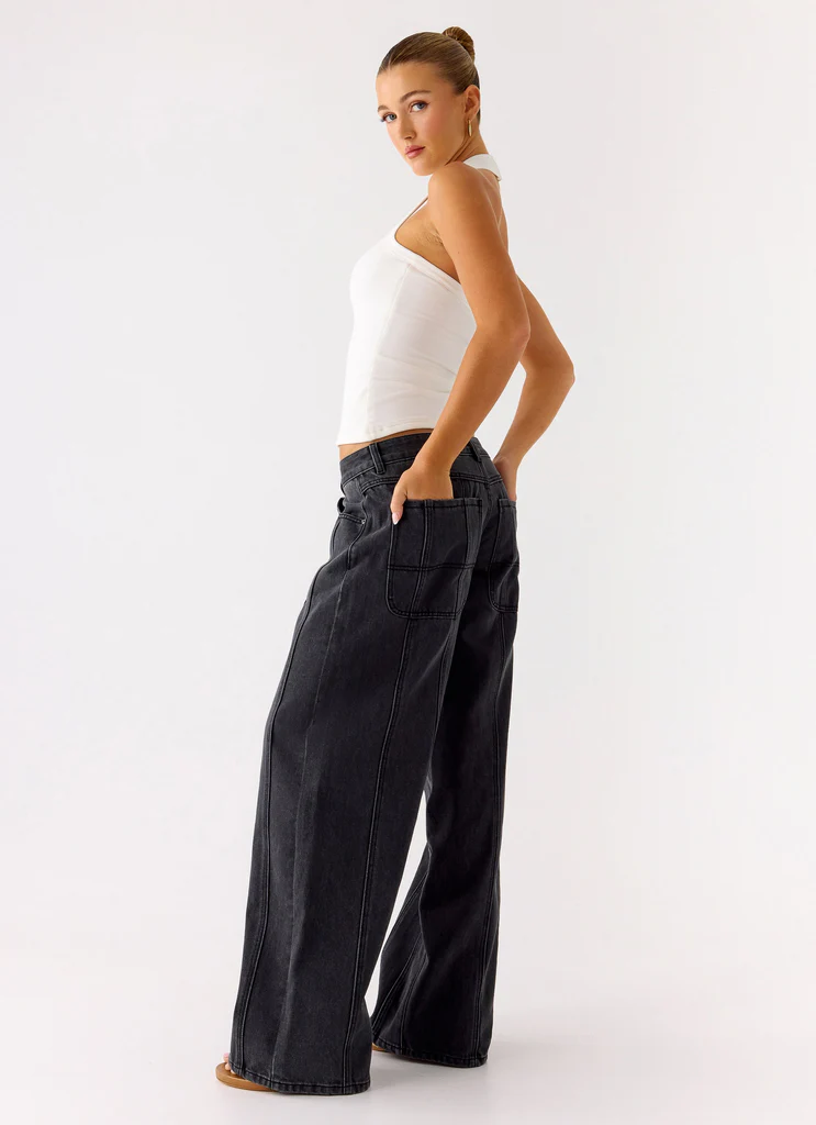 Jean denim à jambes larges Johnny taille basse - Gris charbon