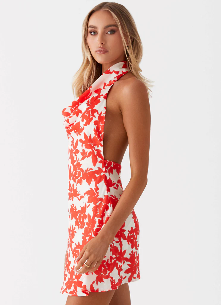 Robe mini à col en coulisse Carmine Bouquet - Fleurs rouges