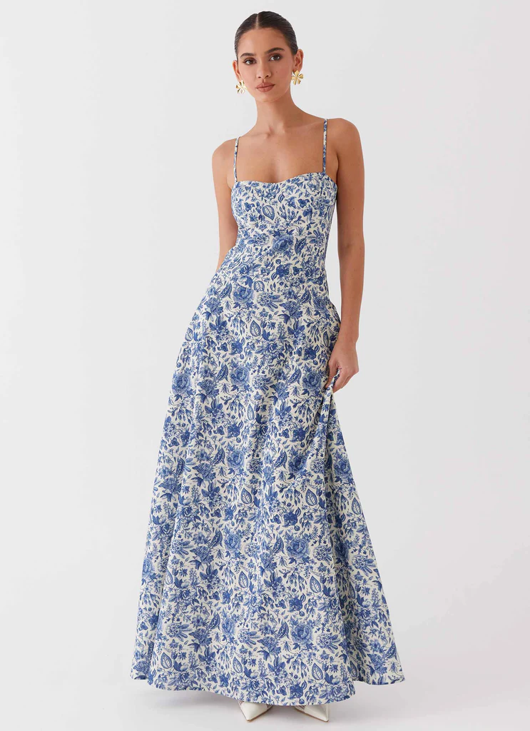 Robe maxi en lin Angelina - Bleu paisley