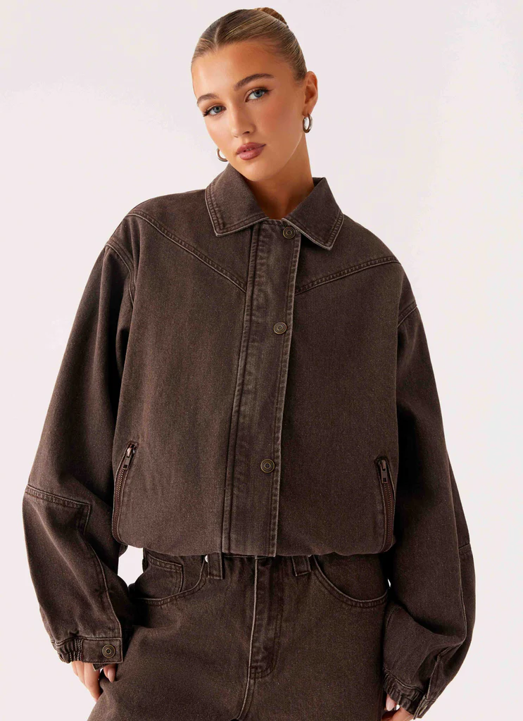 Veste bomber en denim lavé Midwest - Chocolat clair