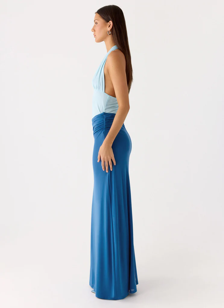 Robe Maxi à Col en Coudeau Saresther - Bleu