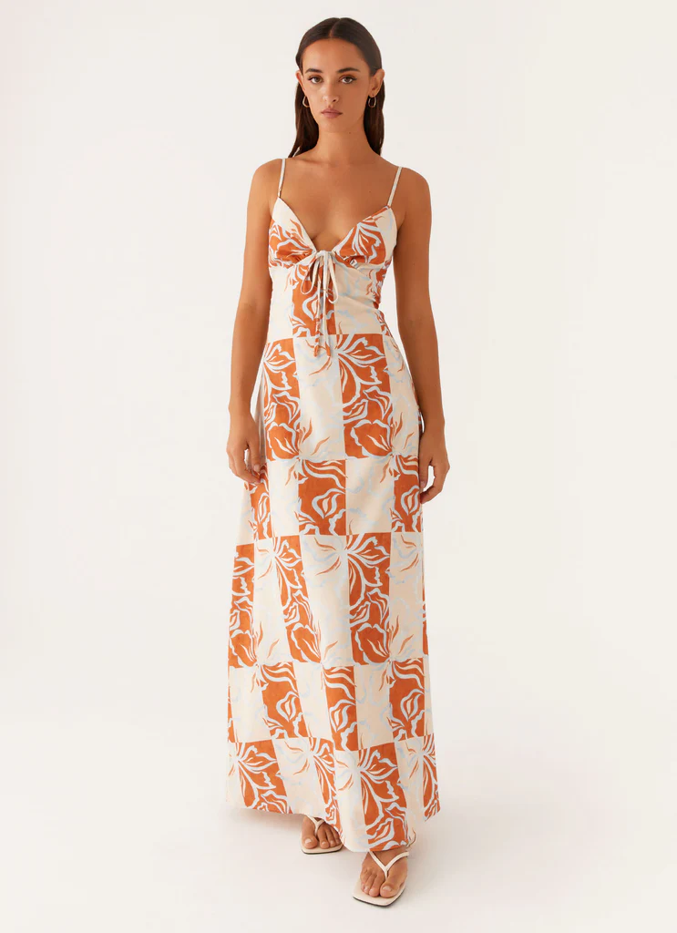 Robe maxi en lin Flora - Fleurs orange bleu