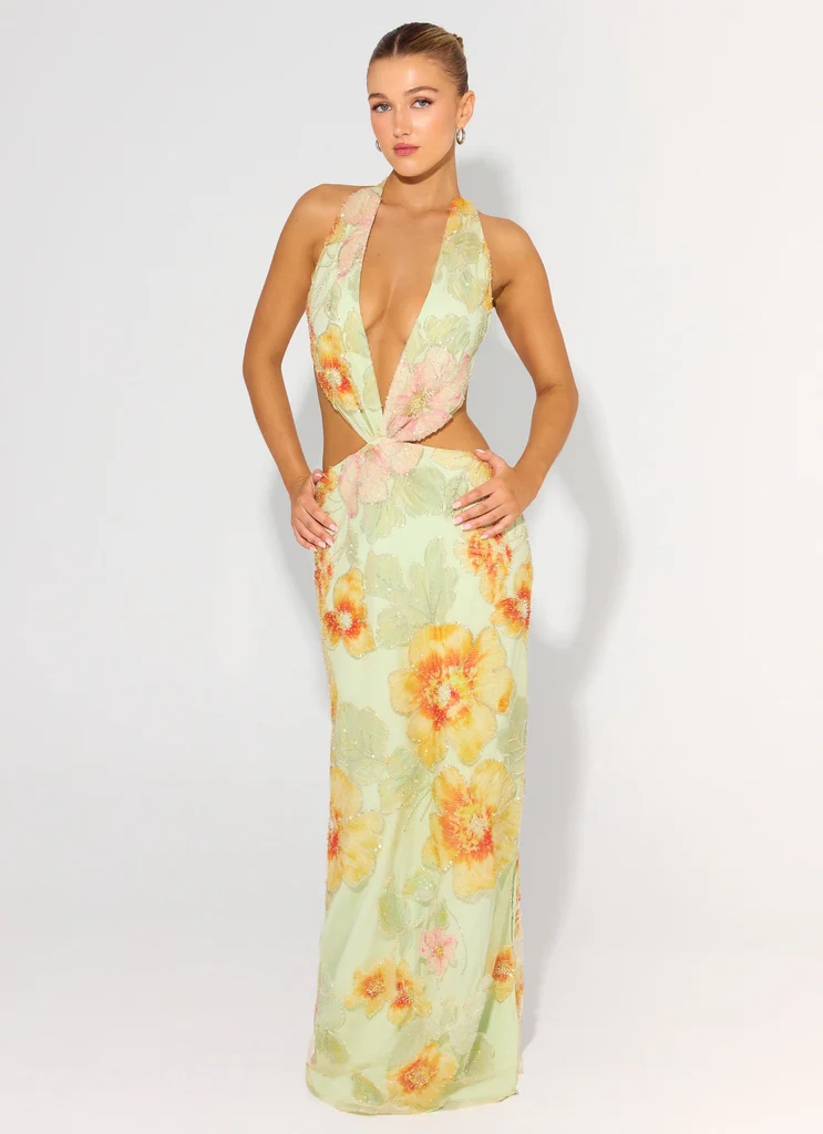 Robe maxi à strass Really Something - Floral verte