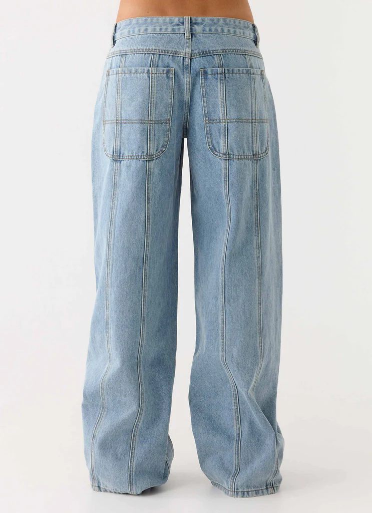 Jean Denim à Jambes Large à Taille Basse Johnny - Lavage Bleu Clair