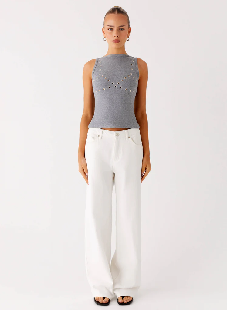 Tank top à col bateau rayé avec œillets - Gris Marle