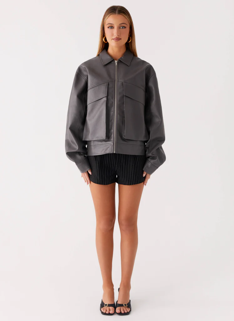 Veste bomber en cuir synthétique Lula - Gris charbon