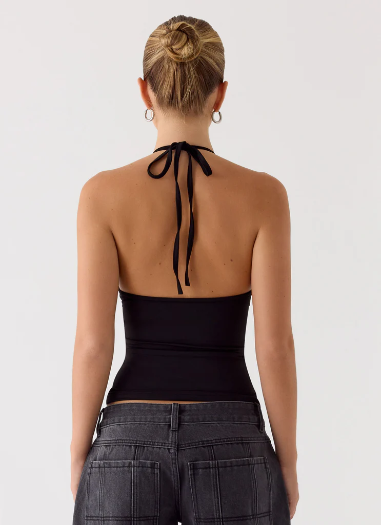 Halter Top à Manches Roulées - Noir