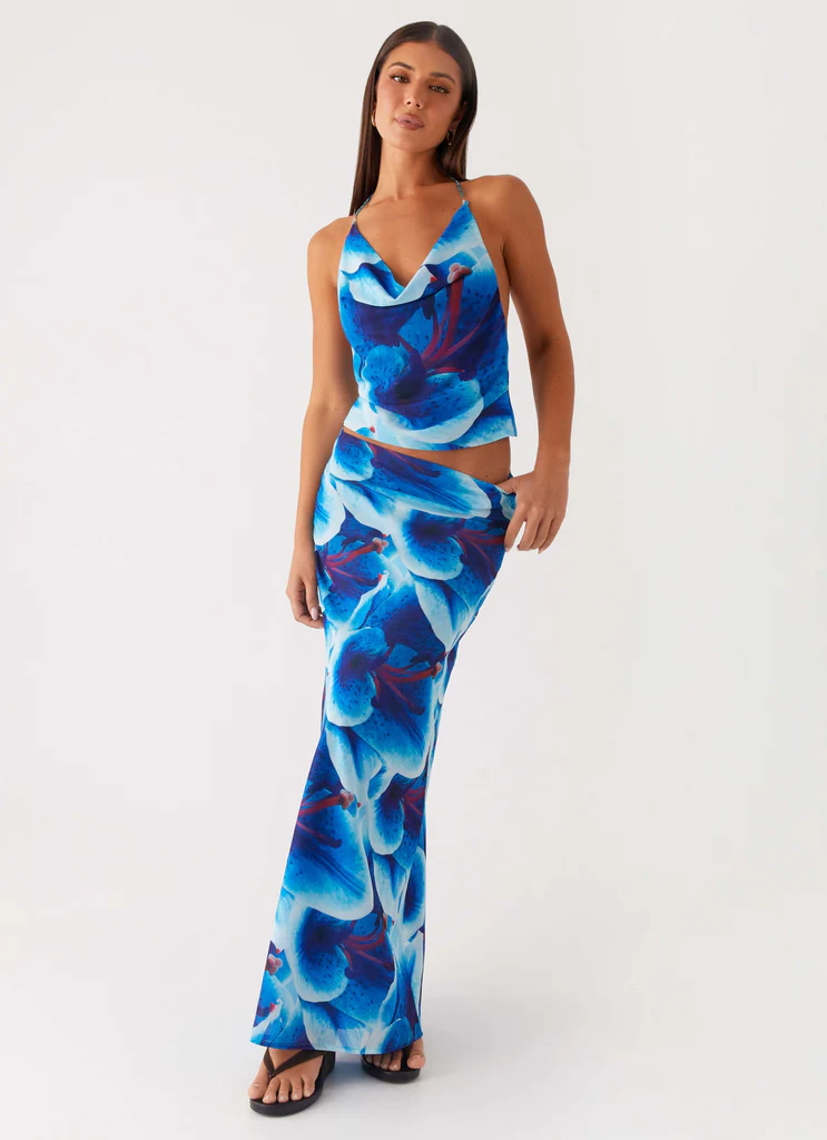 Une Autre Vie Jupe Maxi en Chiffon - Fleurs Turquoise