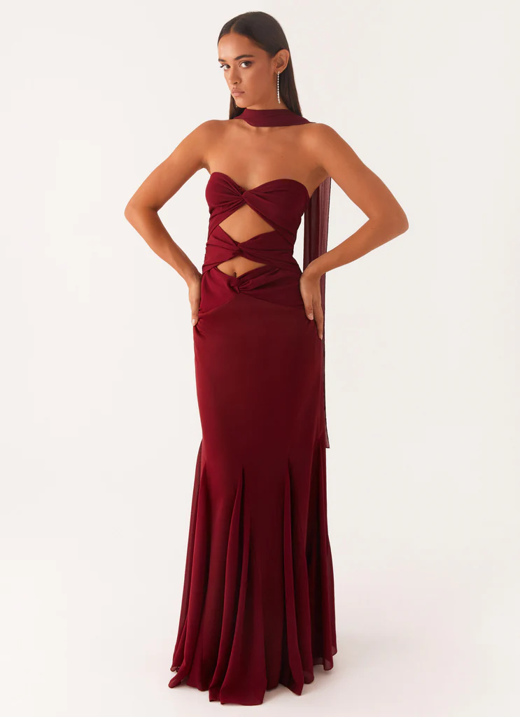 Robe Maxi en Chiffon Satin Melrose - Rouge Profond