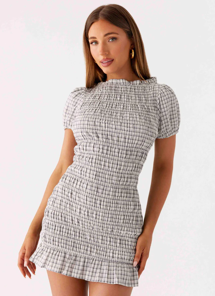 Robe Mini à Ruchés Millicent - Gris à Carreaux
