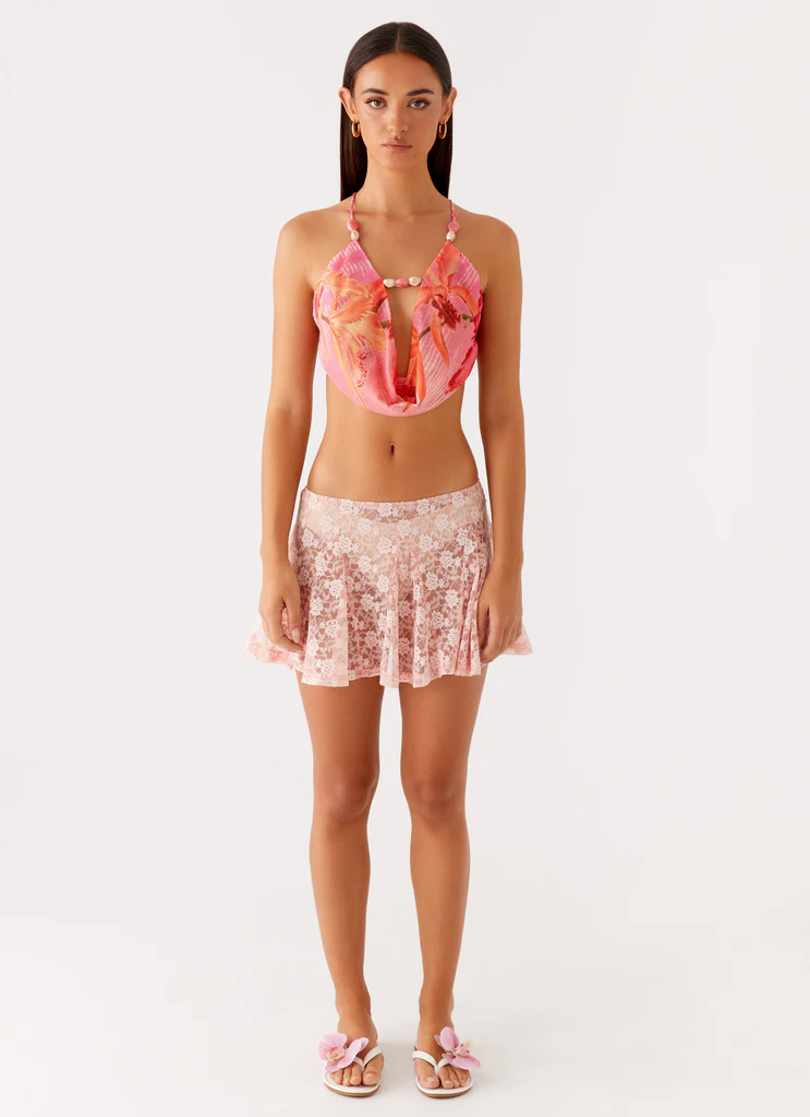 Top à col en godron Bobbi - Imprimé rose tropical