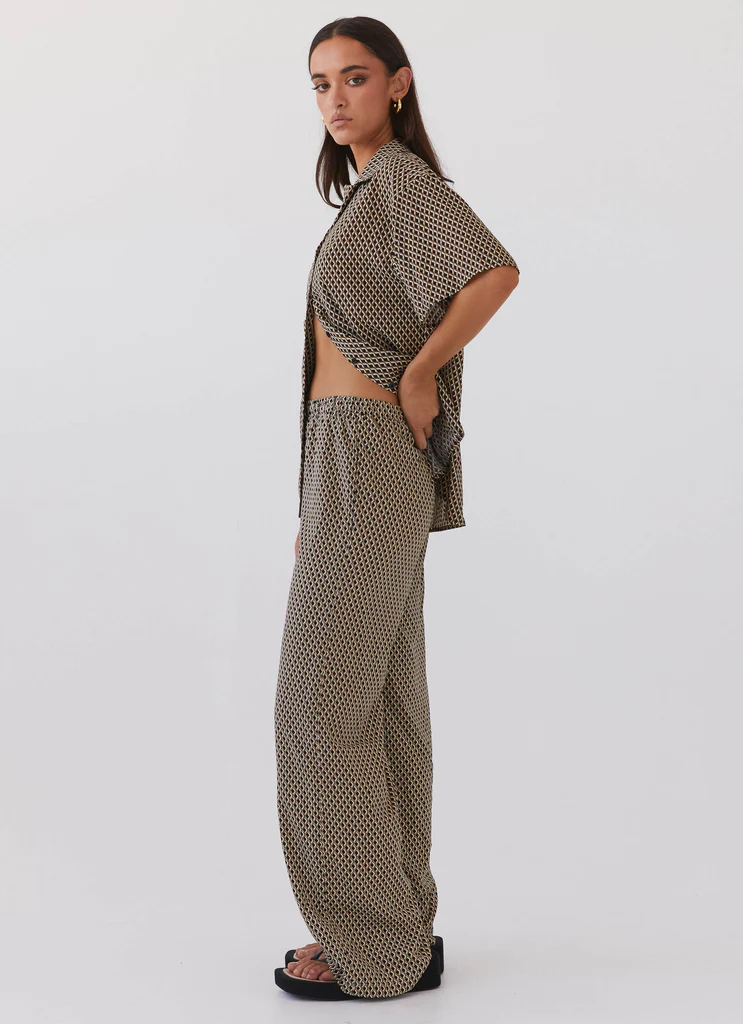 Pantalon Bruno à Jambes Évasées - Brun Géométrique