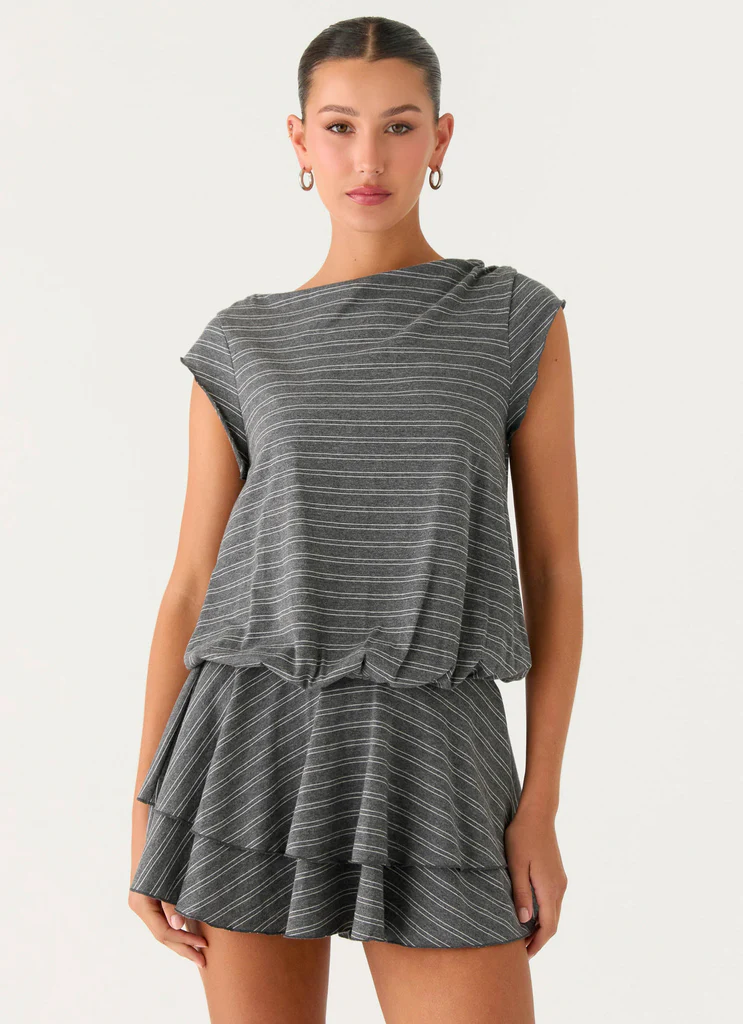 Robe Mini à Col Large Bambola - Rayures Gris Marle