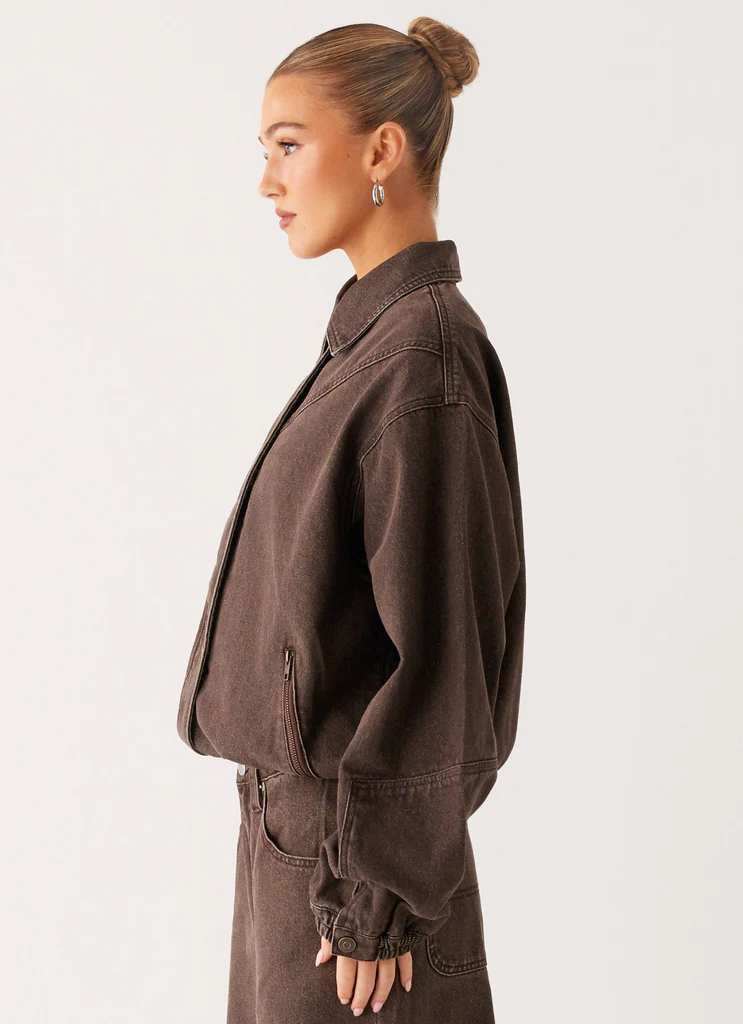 Veste bomber en denim lavé Midwest - Chocolat clair