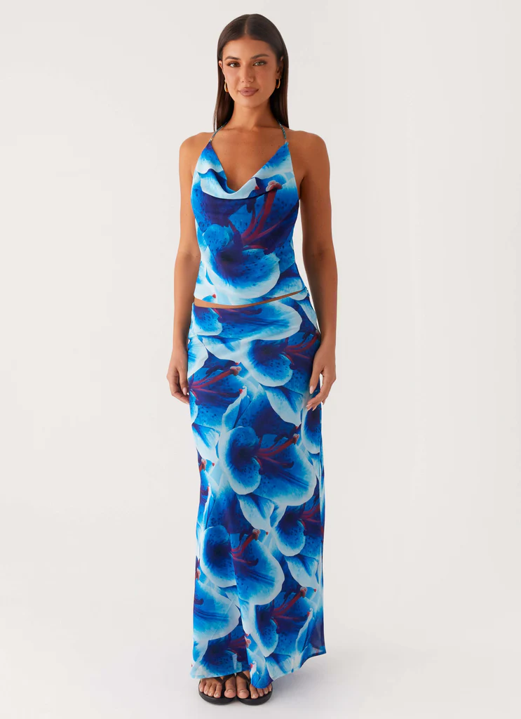 Une Autre Vie Jupe Maxi en Chiffon - Fleurs Turquoise