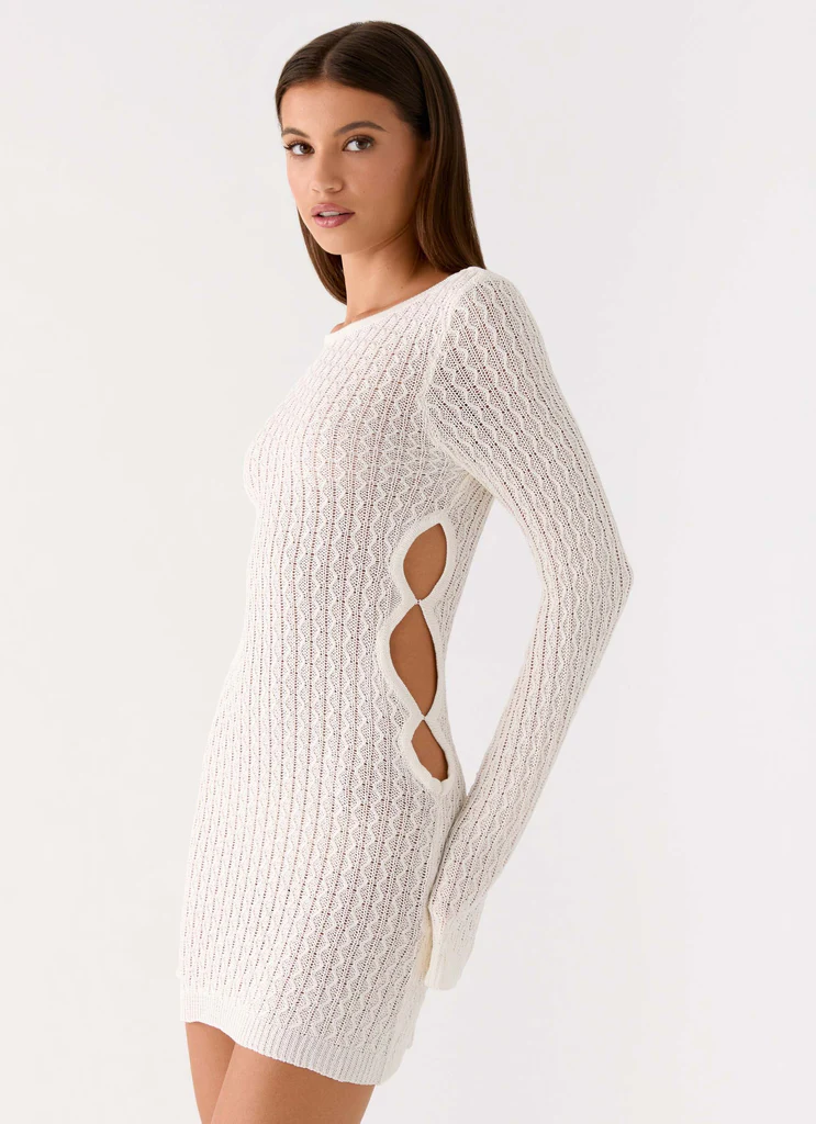 Robe Mini à Manches Longues en Crochet Zenzi - Blanc