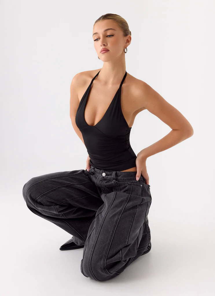 Halter Top à Manches Roulées - Noir