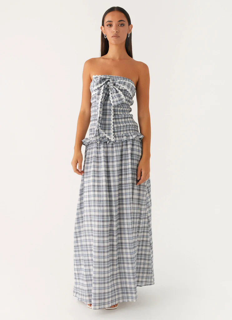 Robe maxi Malia à volants - Carreaux bleu-gris