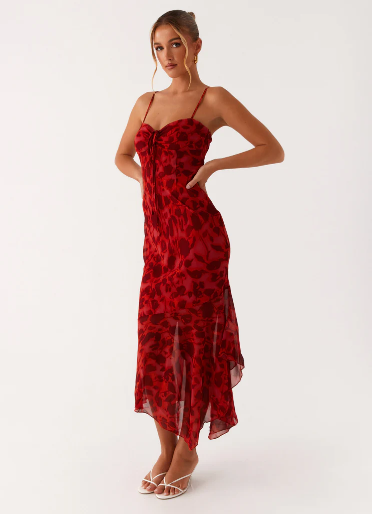 Robe Midi Sally - Fleurs Rouge Profond