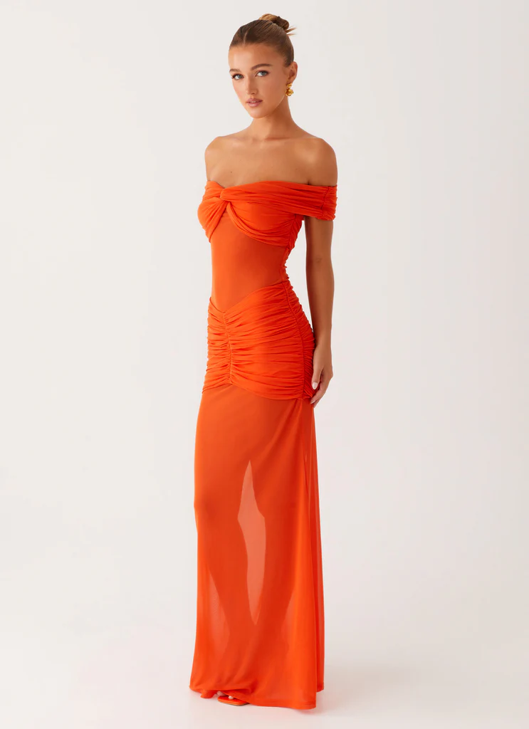 Robe Maxi Élégante à Épaules Découvertes - Orange