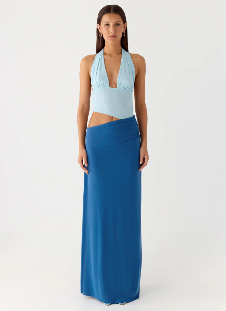 Robe Maxi à Col en Coudeau Saresther - Bleu