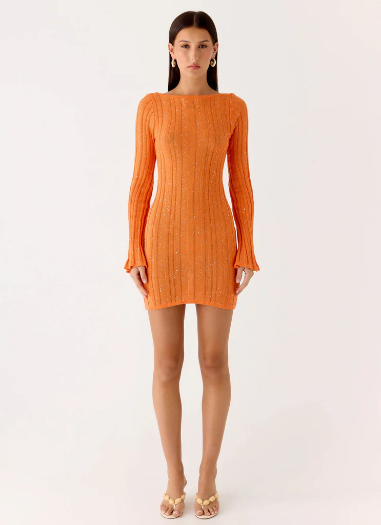Robe Mini à Manches Longues en Tricot Estrella - Orange