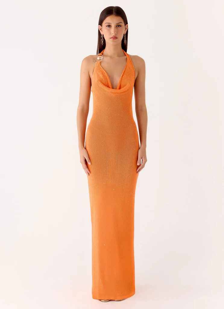 Robe maxi tricot à col en cloche Delfina - Orange