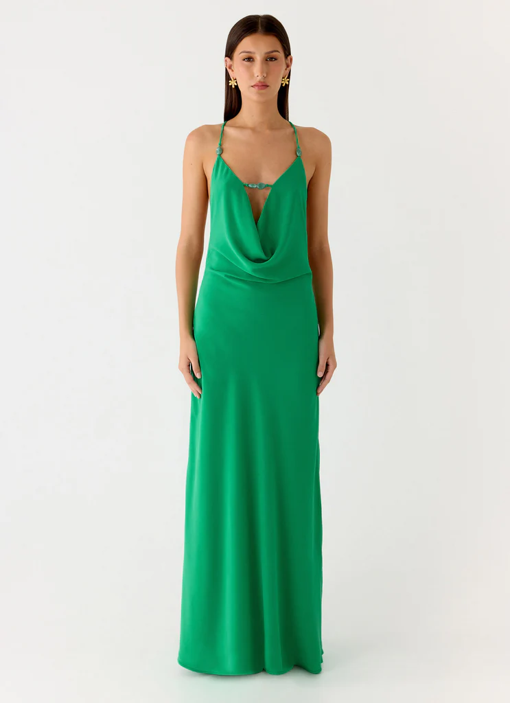 Robe maxi à col en cloche ornée de perles Tropic Muse - Vert