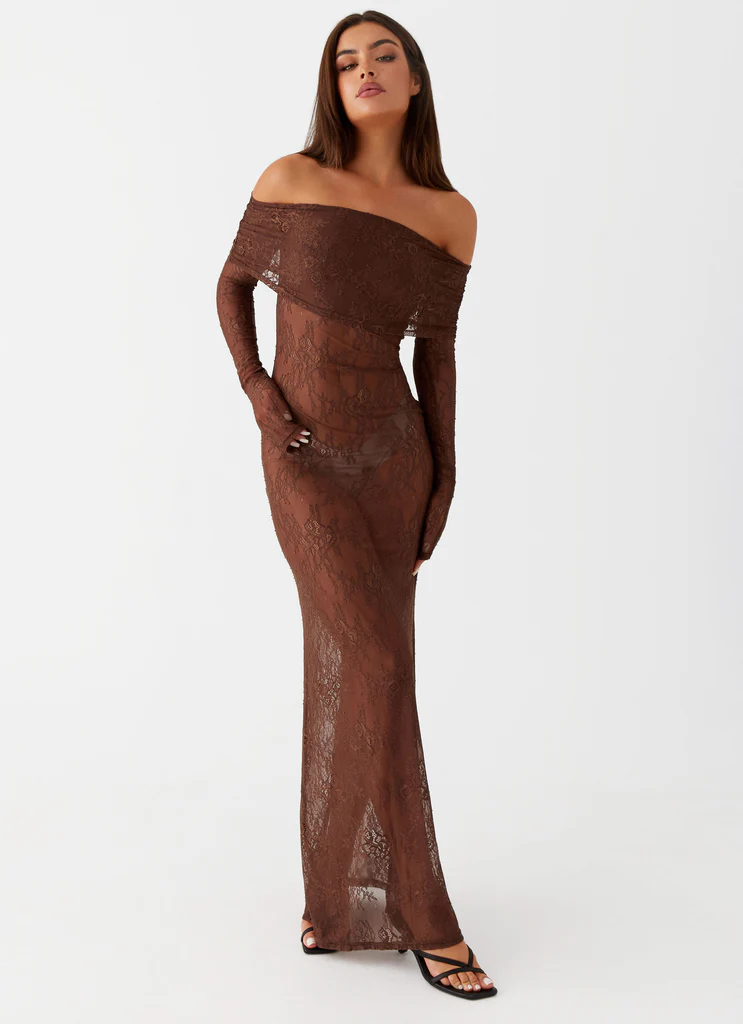 Robe maxi en dentelle Nadia - Chocolat