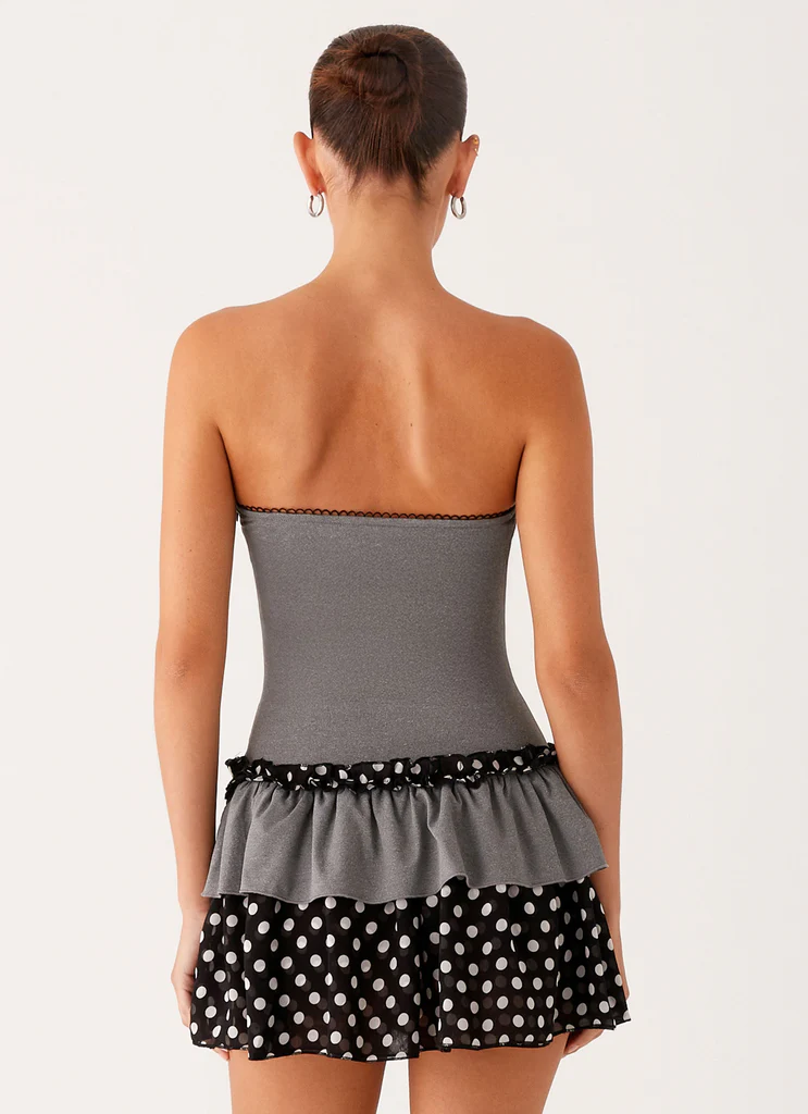 Robe Mini à Fronces Sans Bretelles Yerin - Gris à Rayures