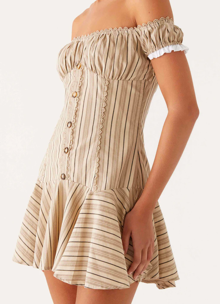 Robe Mini Épaules Découvertes Jumana - Rayures Blanc Crème