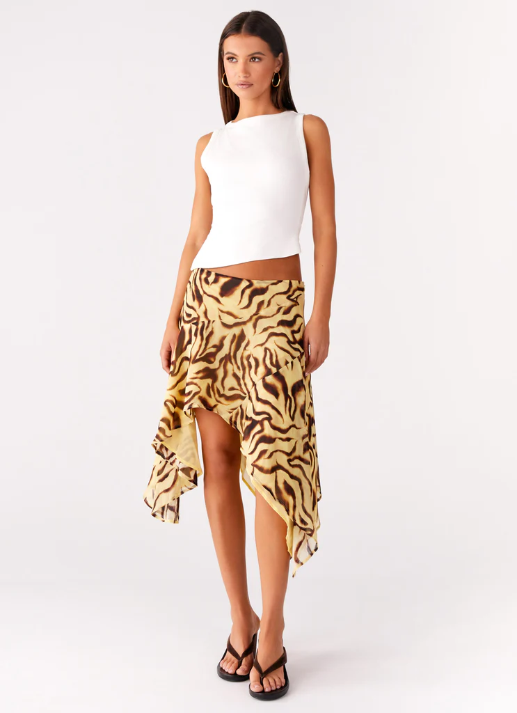 Jupe mi-longue asymétrique à taille basse Kia - Imprimé Laguna