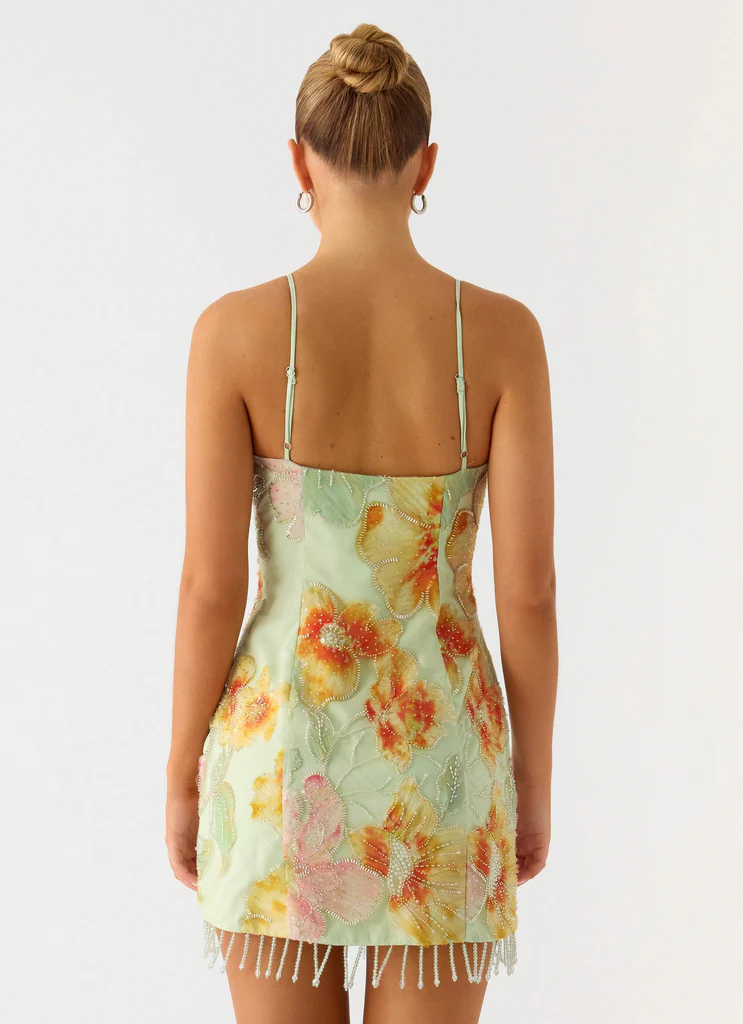 Robe Mini à Strass et Perles Gatiana - Fleurs Vertes