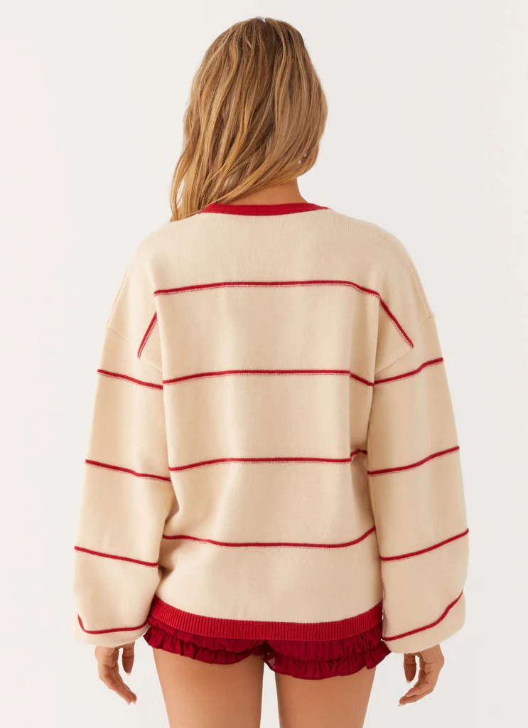 Cardigan Tricot Estella - Rayures ivoire et rouge