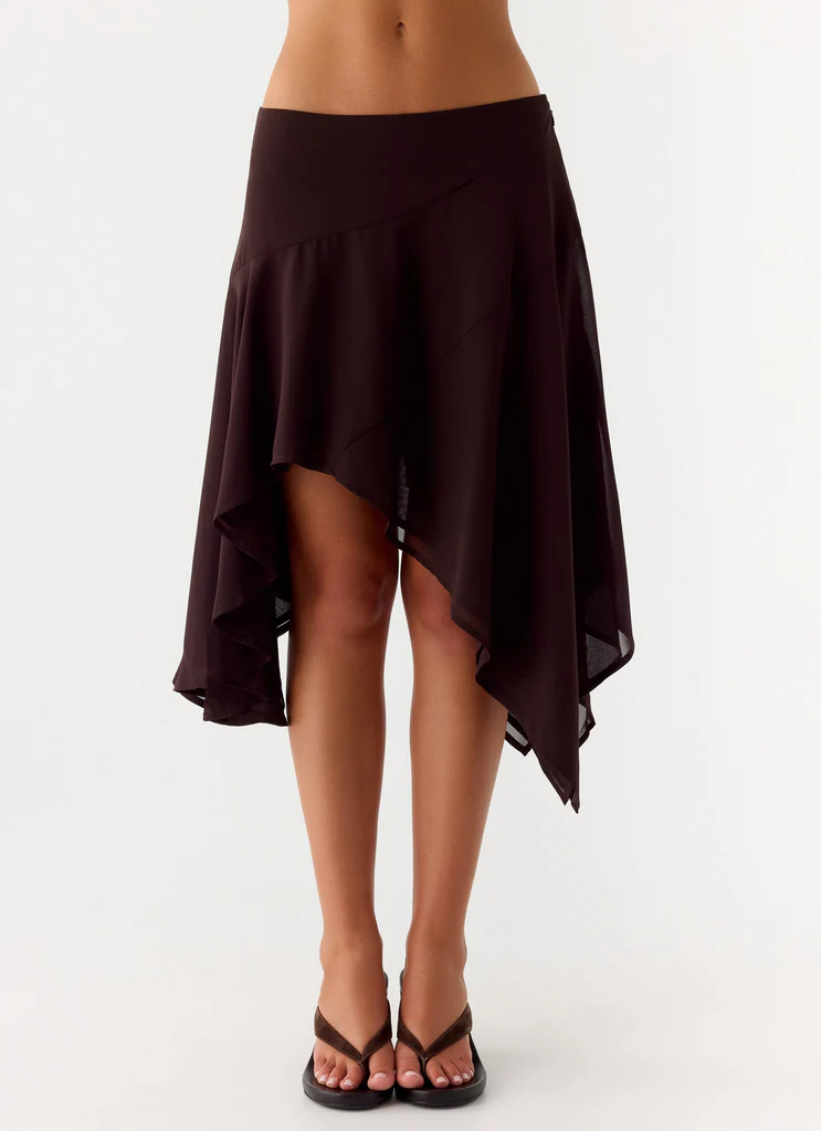 Jupe mi-longue asymétrique à taille basse Kia - Chocolat