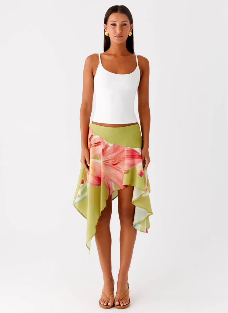Jupe midi asymétrique à taille basse Kia - Floral Jungle