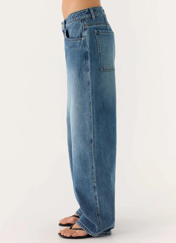 Jean denim à jambes bouffantes Stevie taille basse - Bleu moyen