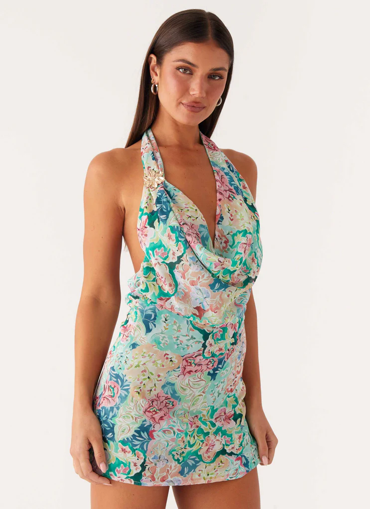 Robe Mini à Col Rabattu Décontracté - Fleurs de Santorin