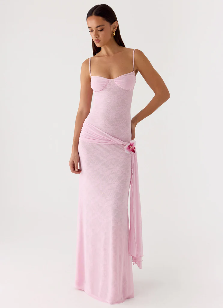 Robe maxi en maille dentelle Natty - Rose pétales