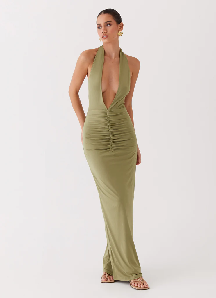Robe maxi à bretelles Whisked Away - Olive