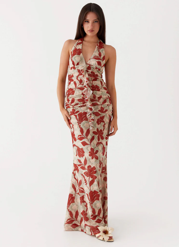 Robe maxi à bretelles Ardenia - Fleurs rouge vert