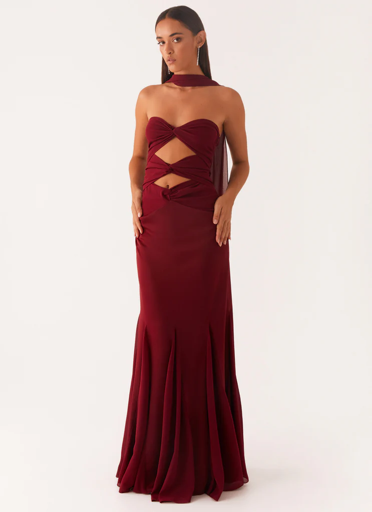 Robe Maxi en Chiffon Satin Melrose - Rouge Profond