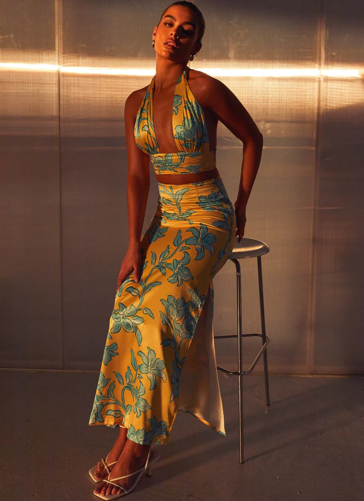 Jupe Maxi Satin Amalia - Golden Bloom
